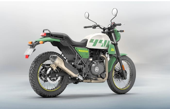 Royal Enfield Scram 440 rear right static in studio Royal Enfield Scram 440 rear right static in studio